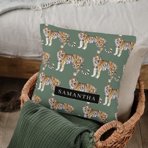 Tropical Green Watercolor Tigers Pattern With Name Throw Pillow