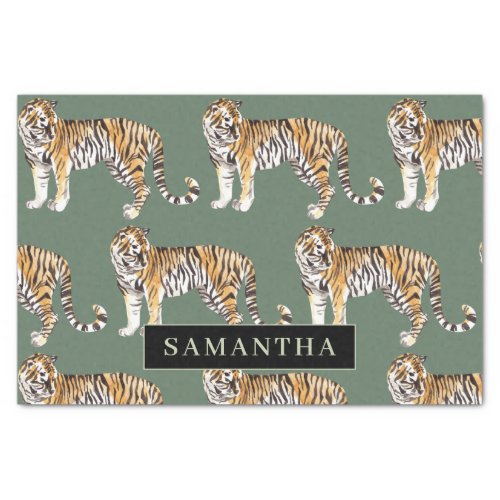 Tropical Green Watercolor Tigers Pattern With Name Tissue Paper