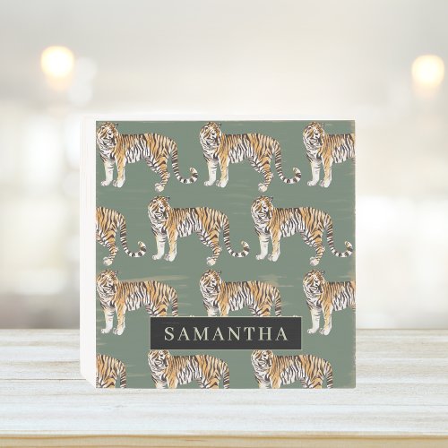 Tropical Green Watercolor Tigers Pattern With Name Wooden Box Sign