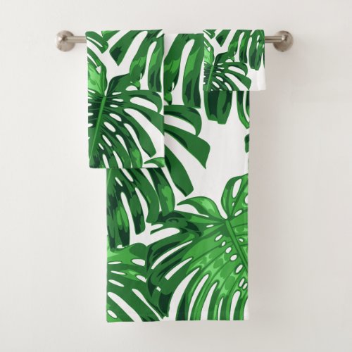 Tropical Green White Monstera Jungle Leaves Bath Towel Set