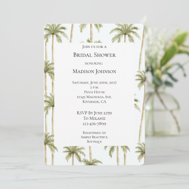 Tropical Green White Palm Trees Bridal Shower Invitation (Standing Front)