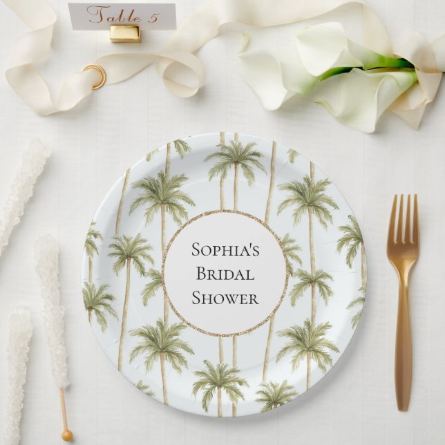 Tropical Green White Palm Trees Bridal Shower Paper Plates (Wedding)