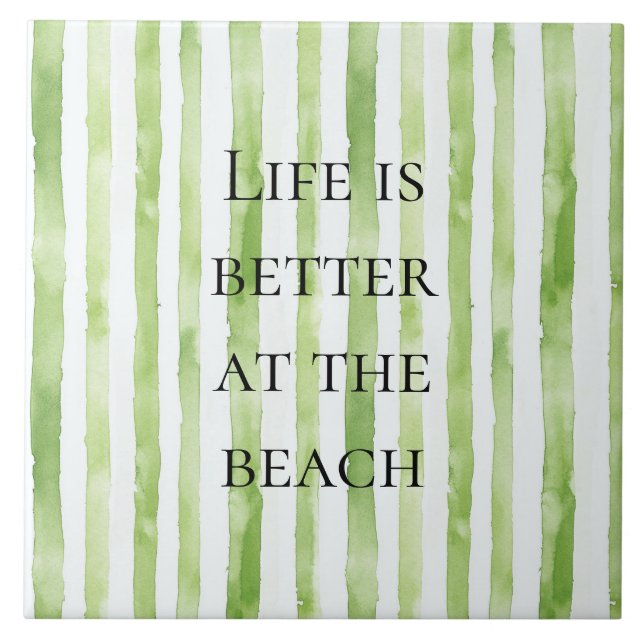Tropical Green White Stripes Ceramic Tile (Front)