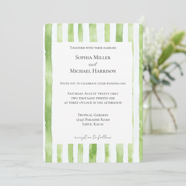 Tropical Green White Stripes Wedding Invitation (Standing Front)
