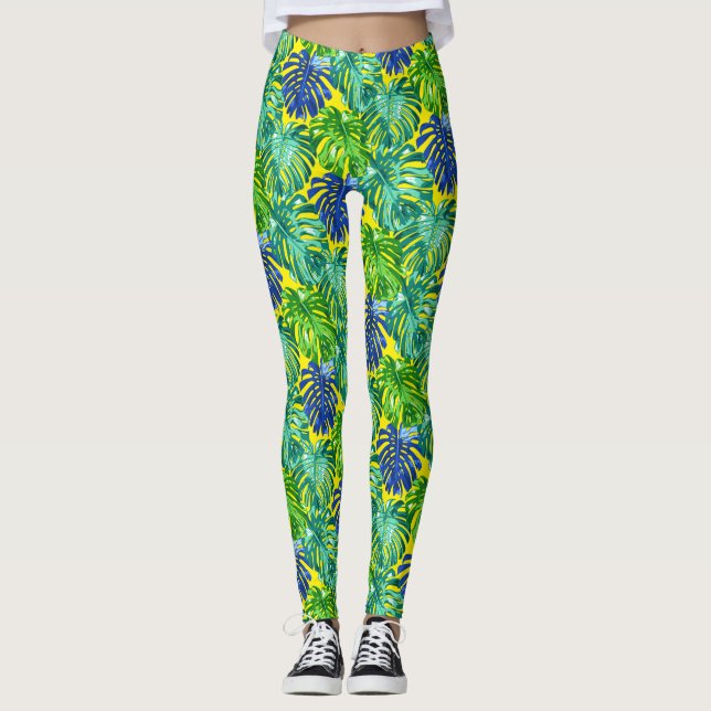 Tropical Green Yellow Beach Jungle Leaves Leggings (Front)