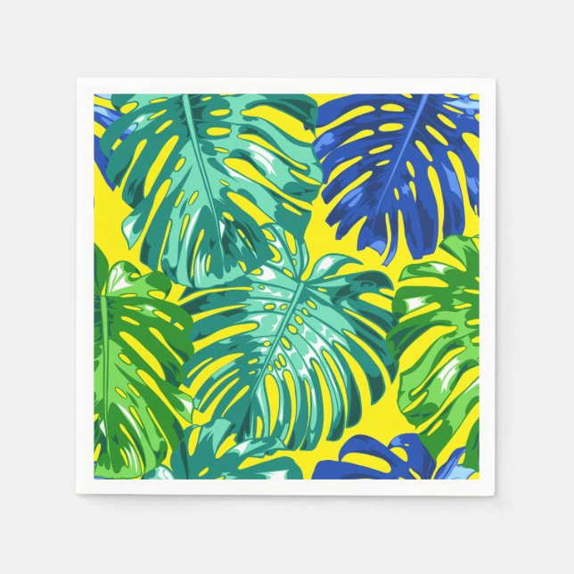 Tropical Green Yellow Blue Monstera Jungle Leaves Napkins (Front)