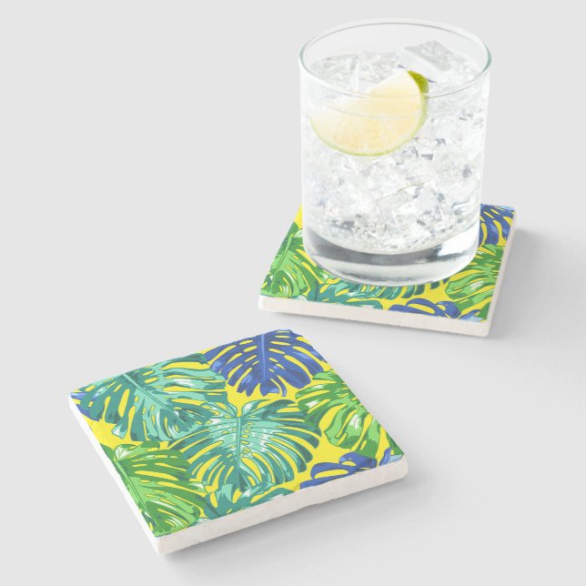 Tropical Green Yellow Blue Summer Leaves Stone Coaster (Side)