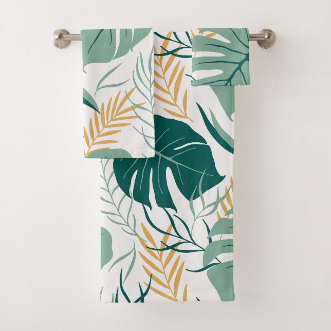 Tropical Green Yellow Floral Monstera Leaf Pattern Bath Towel Set (Insitu)
