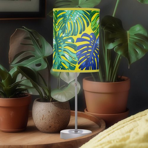 Tropical Green Yellow Jungle Leaves Pattern Table Lamp