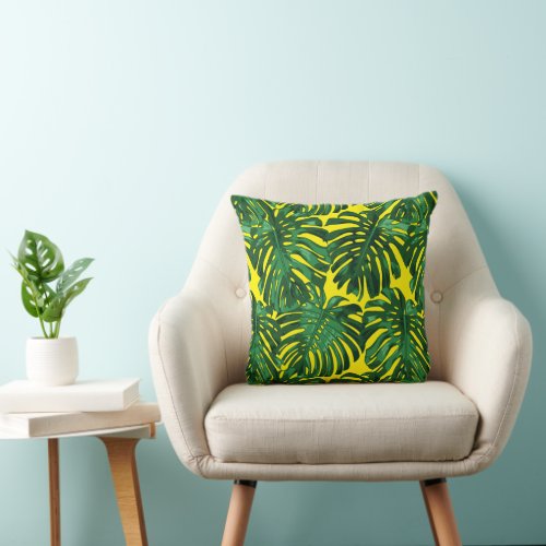 Tropical Green Yellow Jungle Leaves Pattern Throw Pillow