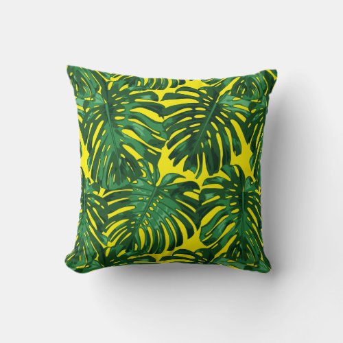 Tropical Green Yellow Jungle Leaves Pattern Throw Pillow