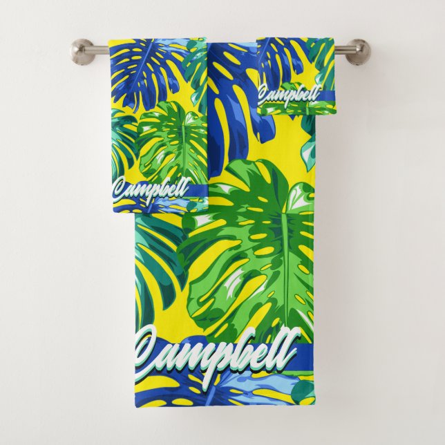 Tropical Green Yellow Palm Leaves Monogram Bath Towel Set (Insitu)