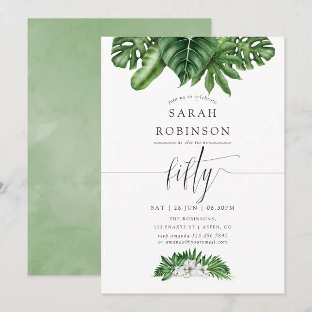 Tropical Greenery 50th Birthday Party Invitation (Front/Back)