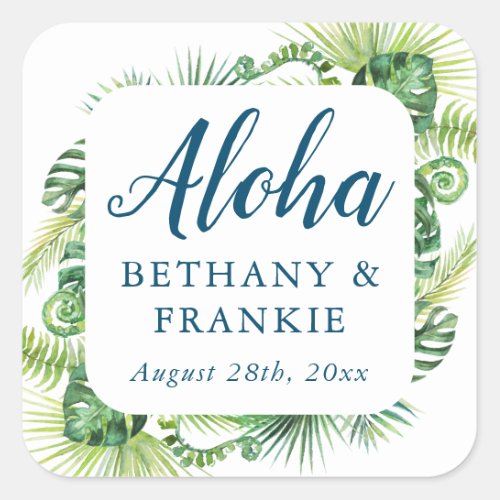 Tropical Greenery Aloha Beach Wedding Thank You  Square Sticker