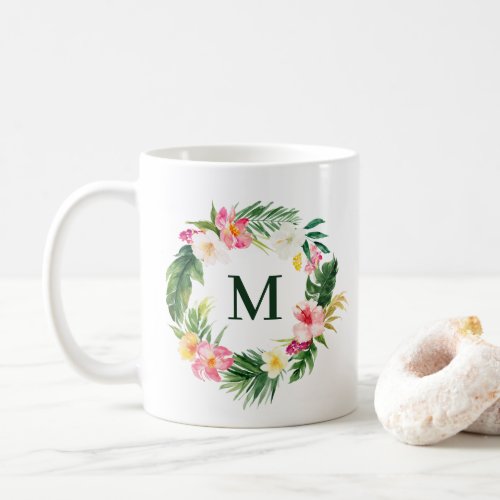 Tropical Greenery and Flowers Wreath Monogram Coffee Mug