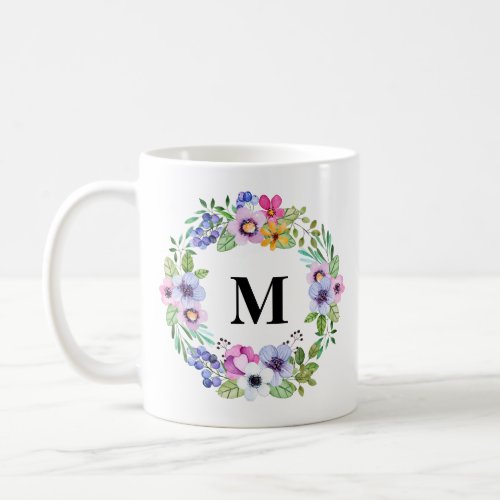 Tropical Greenery and Flowers Wreath Monogram gift Coffee Mug
