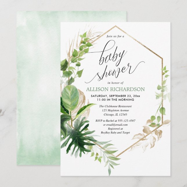 Tropical greenery and gold elegant baby shower invitation (Front/Back)