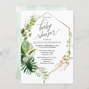 Tropical greenery and gold elegant baby shower invitation