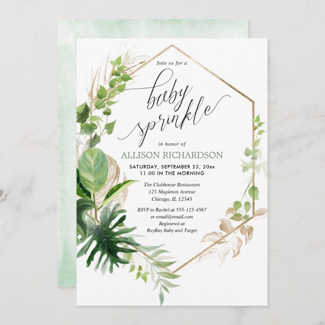 Tropical greenery and gold elegant baby sprinkle invitation (Front/Back)