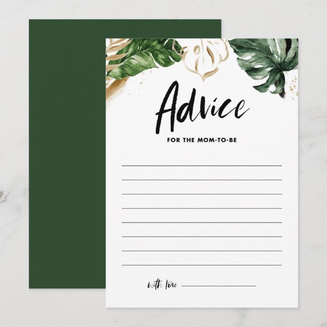Tropical Greenery and Gold Foil Summer Baby Shower Advice Card (Front/Back)