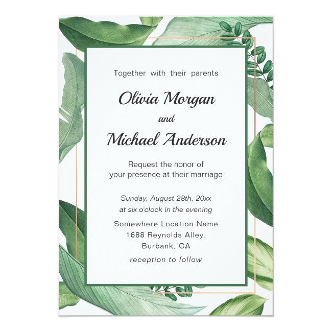 Tropical Greenery and Gold frame. Modern Wedding Invitation