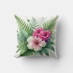 Tropical Greenery and Hibiscus Flowers Throw Pillow