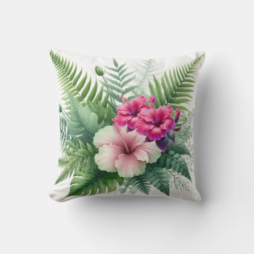 Tropical Greenery and Hibiscus Flowers Throw Pillow