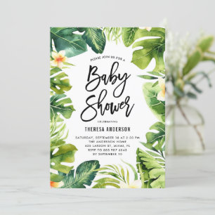 Tropical Greenery and Plumeria Baby Shower Invitation