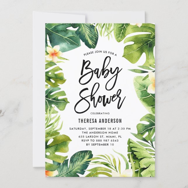 Tropical Greenery and Plumeria Baby Shower Invitation (Front)
