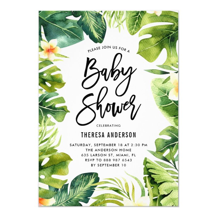 tropical greenery and plumeria baby shower invitation  zazzle