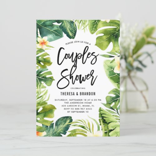 Tropical Greenery and Plumeria Couples Shower Invitation