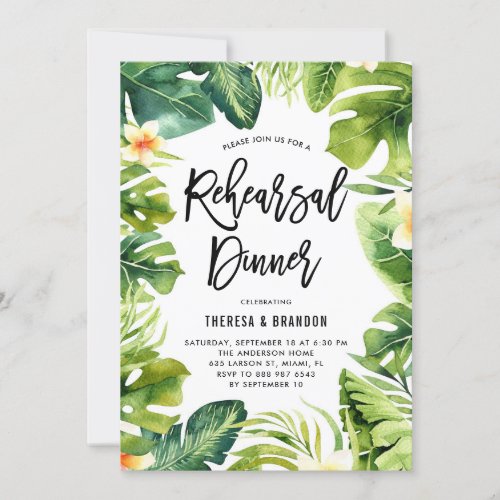 Tropical Greenery and Plumeria Rehearsal Dinner Invitation