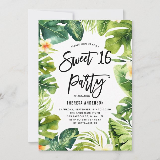 Tropical Greenery and Plumeria Sweet 16 Party Invitation (Front)