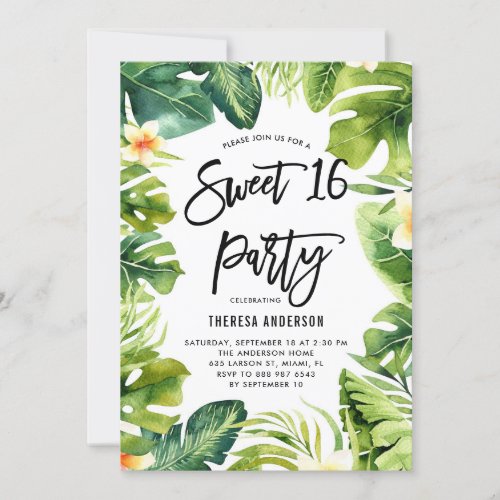 Tropical Greenery and Plumeria Sweet 16 Party Invitation