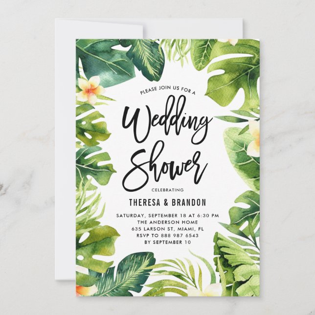 Tropical Greenery and Plumeria Wedding Shower Invitation (Front)