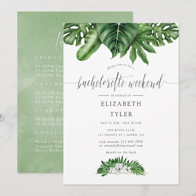 Tropical Greenery Bachelorette Weekend Itinerary Invitation (Front/Back)