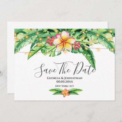 Tropical greenery beach string lights frangipani  save the date