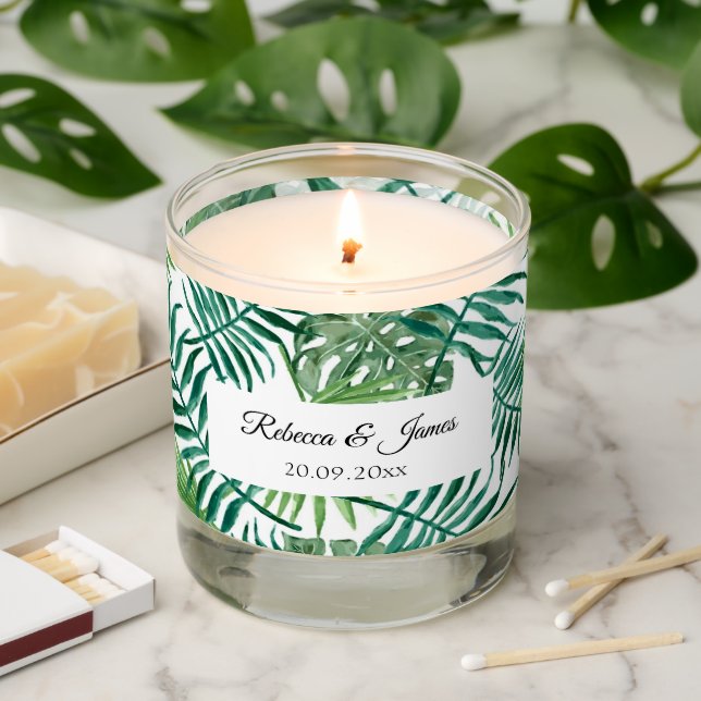 Tropical Greenery Beach Wedding Name Date  Scented Candle (Lit)