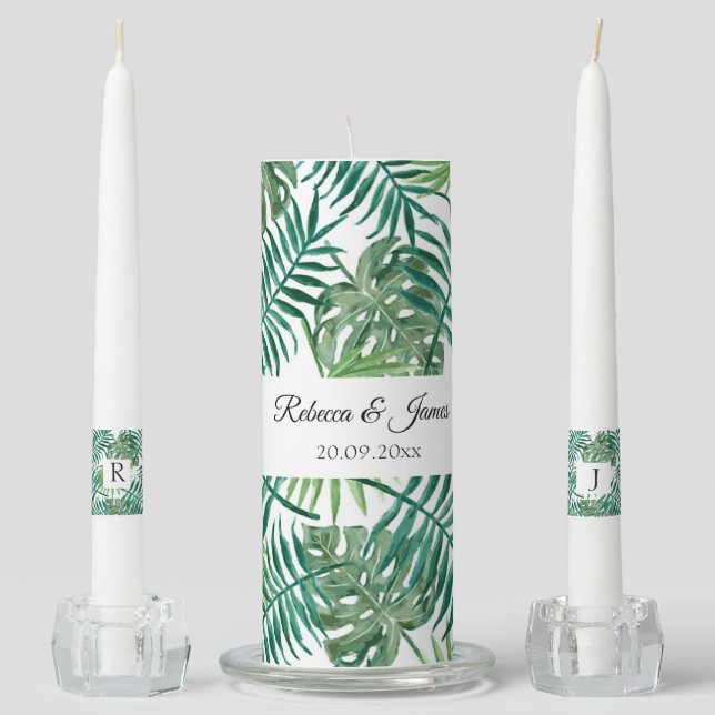 Tropical Greenery Beach Wedding Unity Candle Set (Front)