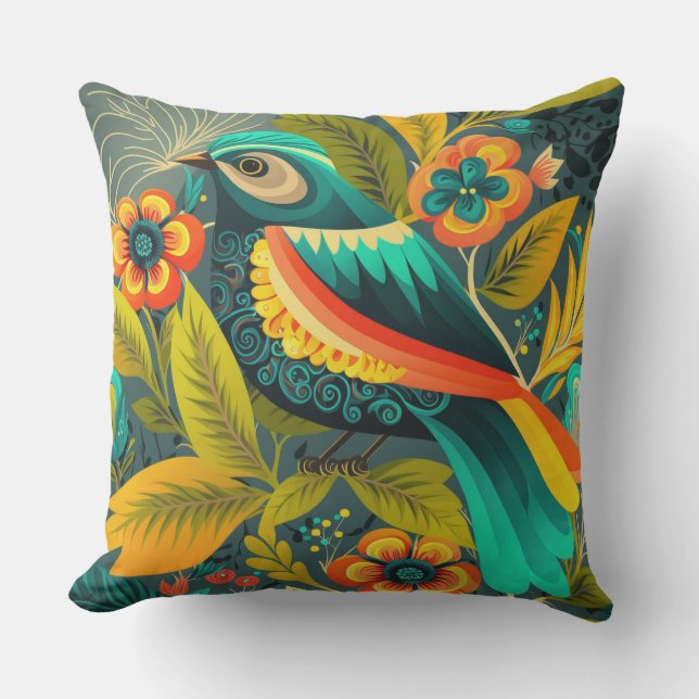 Tropical Greenery Bird Porch and Patio   Outdoor Pillow (Front)