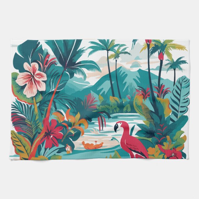 Tropical Greenery Birds Kitchen Towel (Horizontal)