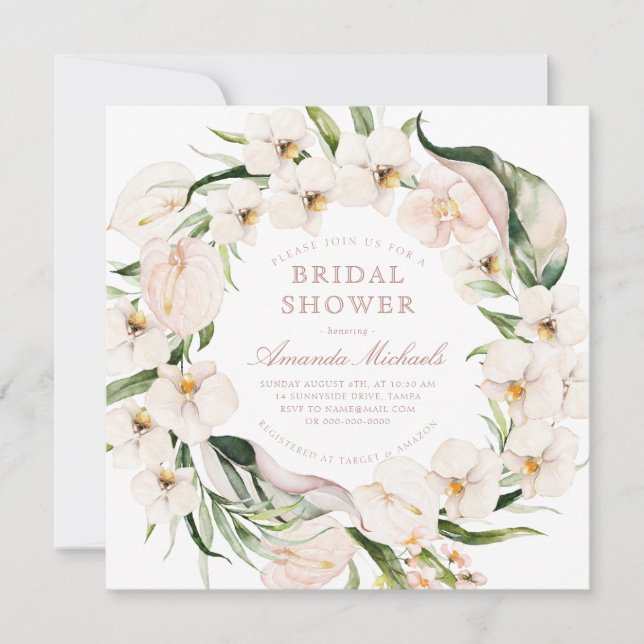 Tropical Greenery Blush Pink Floral Bridal Shower Invitation (Front)