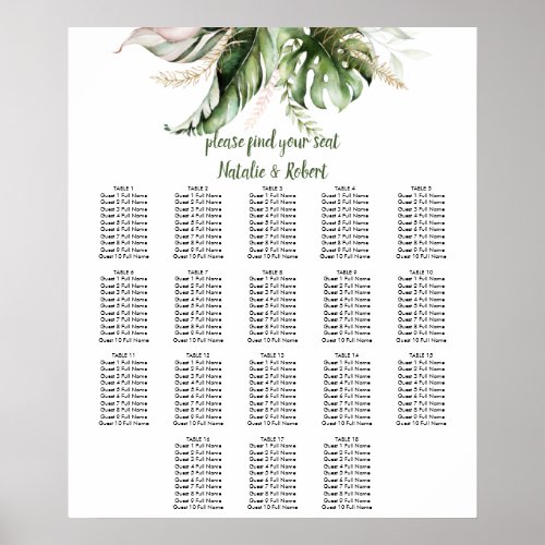 Tropical Greenery Blush Pink Gold Seating Chart