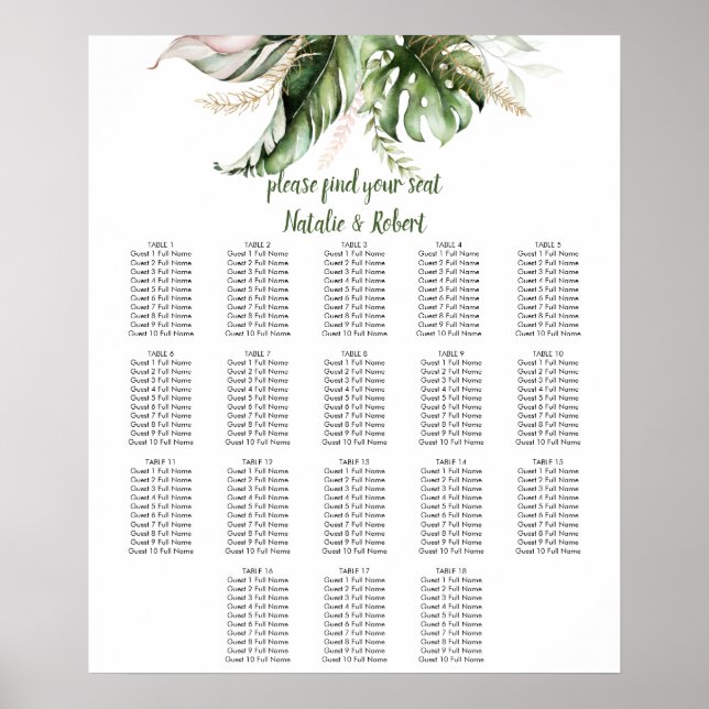 Tropical Greenery Blush Pink Gold Seating Chart (Front)