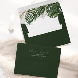 Tropical Greenery Botanical Summer Boho Wedding Envelope<br><div class="desc">Make a bold statement with this luxurious custom envelope, featuring a captivating tropical botanical design. The deep green exterior opens to reveal a vibrant inner lining adorned with lush green leaves and gleaming gold accents, creating an exotic and sophisticated reveal. This stunning design ensures your mailing makes an unforgettable impression,...</div>