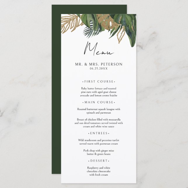 Tropical Greenery Botanical Summer Boho Wedding Menu (Front/Back)