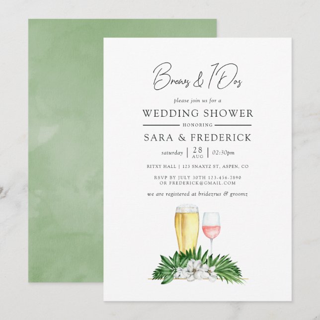 Tropical Greenery Brews Before The I Dos Invitation (Front/Back)