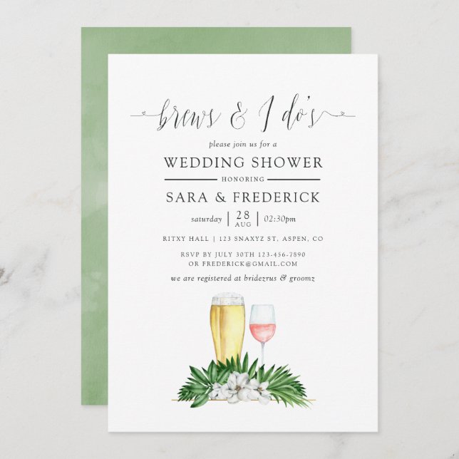 Tropical Greenery Brews Before The I Dos Invitation (Front/Back)