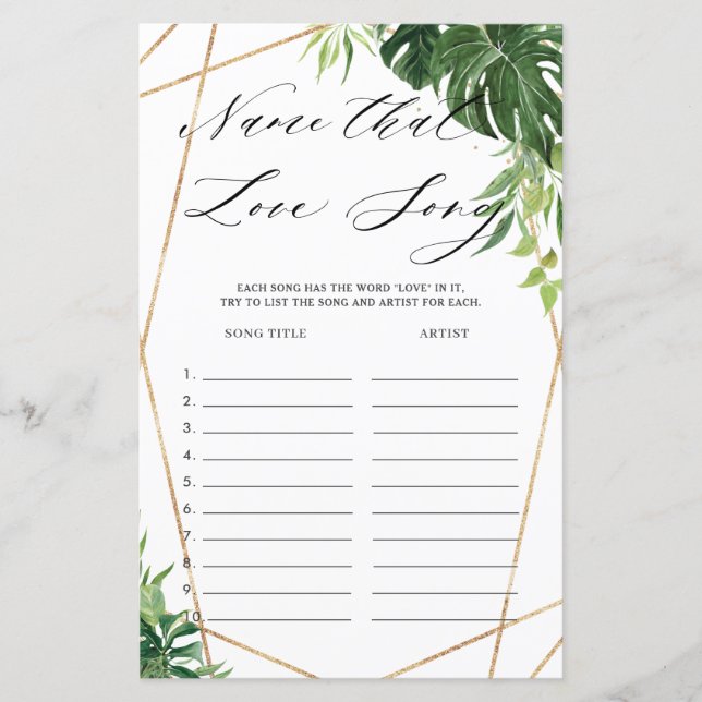 Tropical Greenery Bridal Name That Love Song Game (Front)
