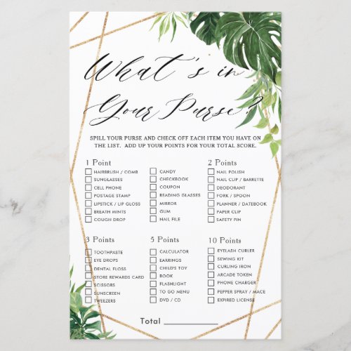Tropical Greenery Bridal Whats In Your Purse Game